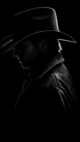 Silhouette shows side profile of man in hat against black