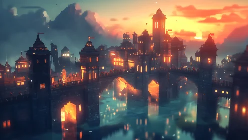 Sunlit fortified bridge city rendered in cinematic digital painting