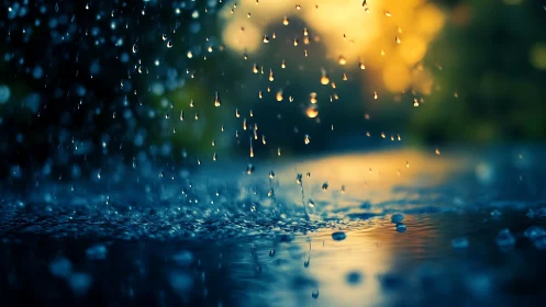 Rainlit droplets dance on a twilight street of liquid blue.