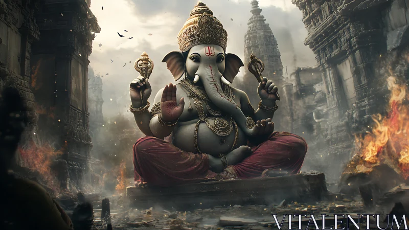 Seated elephant deity quiets storm and stone in burning ruins