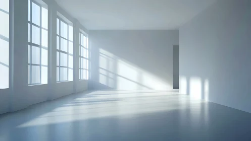 Sunlit minimal interior with tall grid windows in white room.