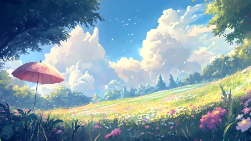 Sunlit wildflower meadow expands beneath towering summer clouds