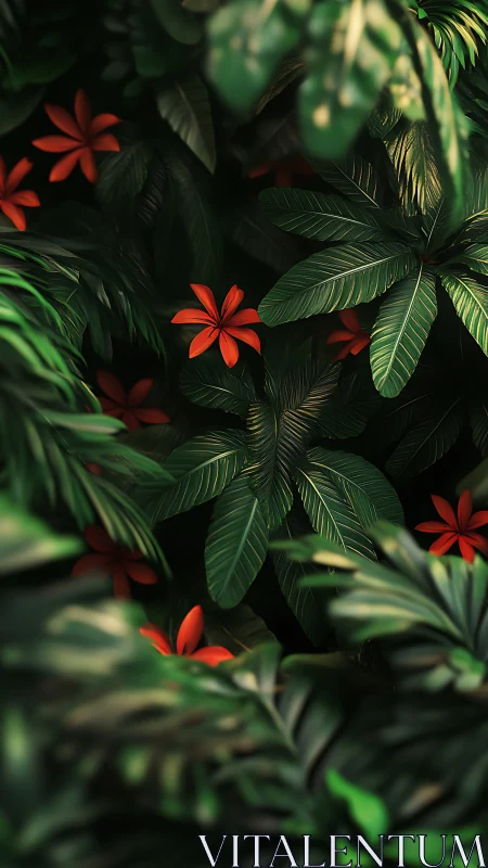 Scarlet jungle blooms hiding in deep emerald silence.