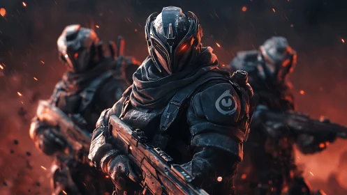 Armored sci-fi soldiers advance through blazing embers.