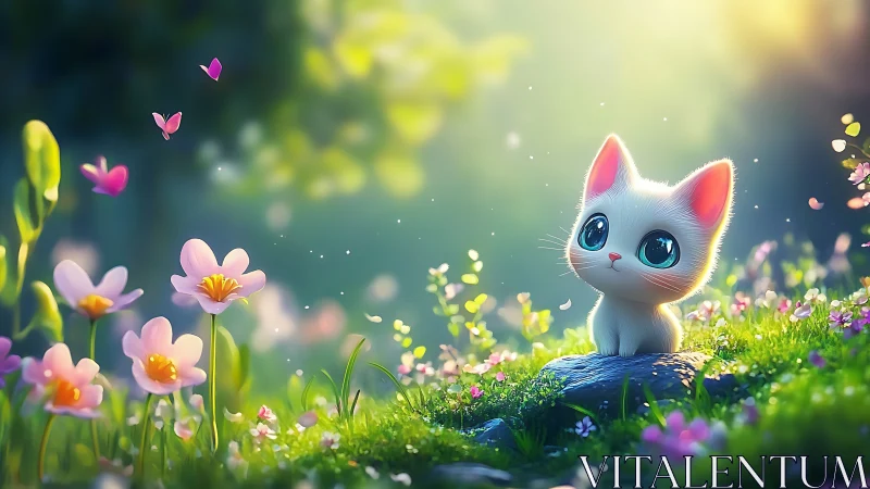 Tiny white kitten daydreaming in a glowing flower meadow.