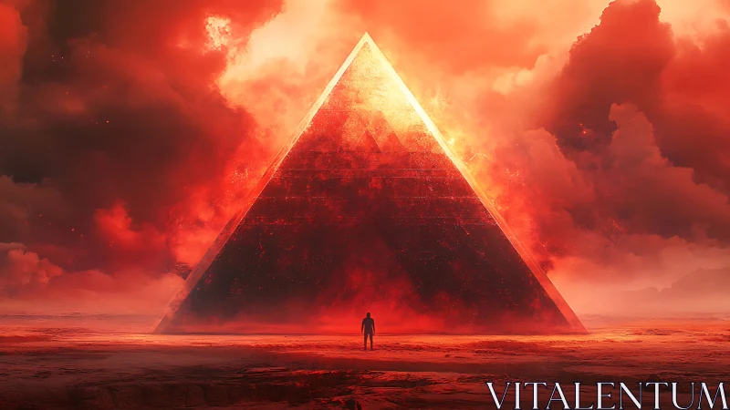 Monolithic pyramid emits incandescent energy within stormy red sky