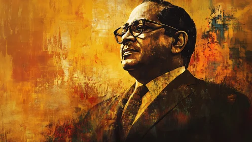 Portrait of dignified man in suit on textured gold field.