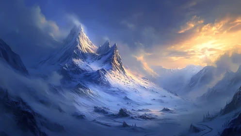 Sunfire crown over a crystalline winter mountain valley.