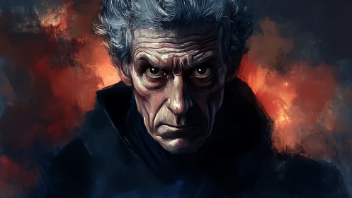 Brooding older man portrait in fiery digital chiaroscuro.