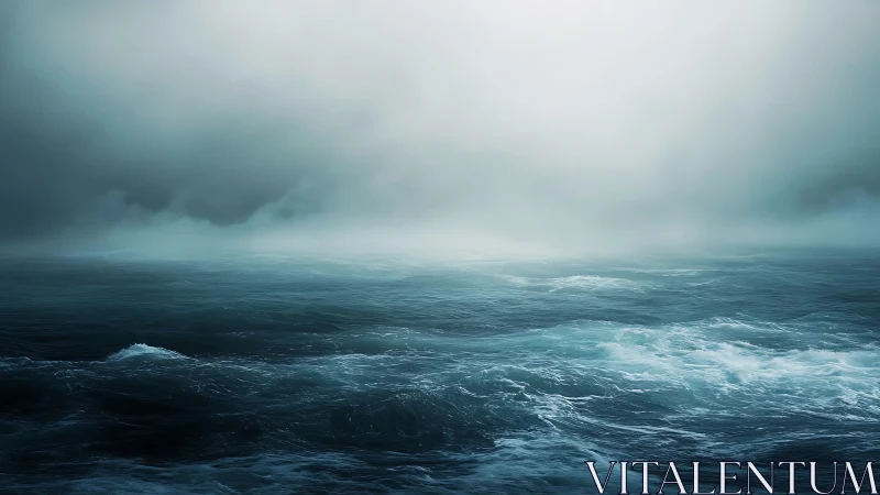 Photorealistic storm-tossed seascape under dense coastal fog.