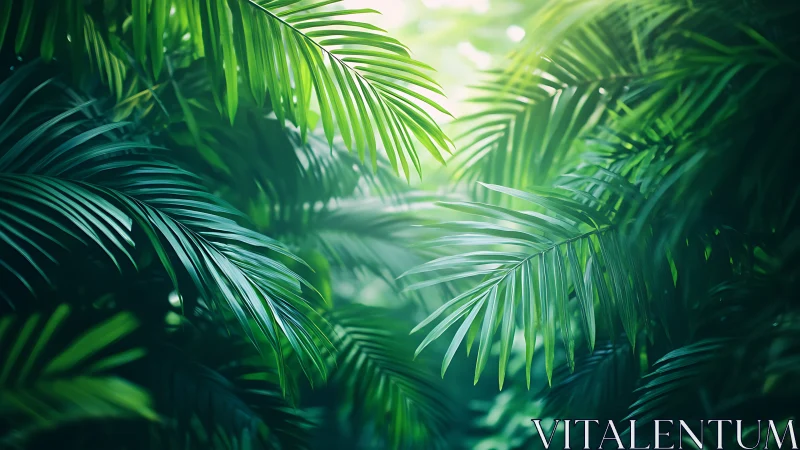 Lush green palm leaves form dense tropical jungle canopy