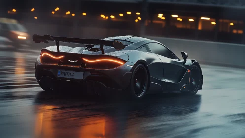 Dark sports coupe moves on wet highway under low light