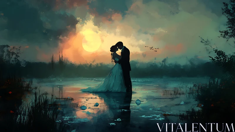 A Couple Shares a Romantic Kiss in Misty Wetlands