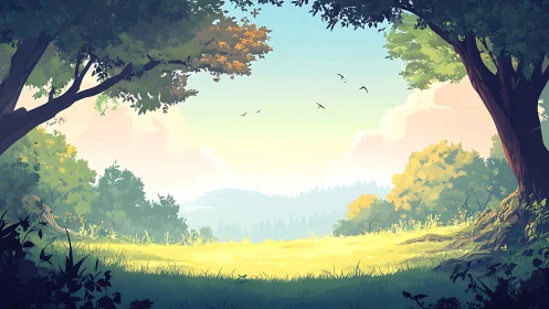 Serene Forest Meadow Where Light Dances Through Ancient Trees
