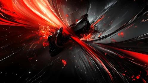 Digital painting of kinetic red-black vortex collision field.