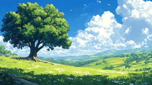 Solitary oak crowns bright meadow under expansive summer sky