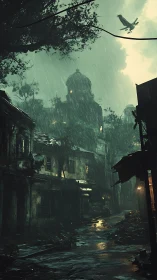 Rain-soaked derelict alley with domed skyline and flying jet