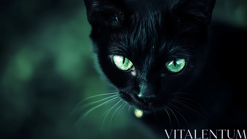 Black cat portrait shows sharp green reflective eyes