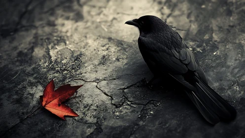 High-contrast raven and maple leaf on cracked textured concrete