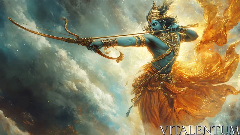 Blue-skinned archer with ornate bow in clouded sky scene.