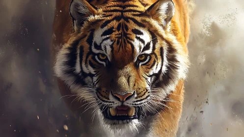 Charging tiger emerges through swirling dust in sharp focus