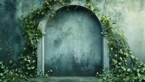 Weathered arched wall opening with dense green foliage.