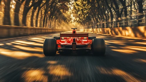 Red formula car sprints through sunlit tree tunnel road.