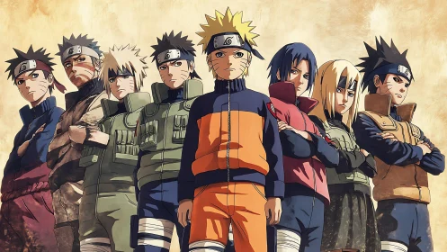 Lined‑up ninja prodigies under a sunburnt parchment sky.