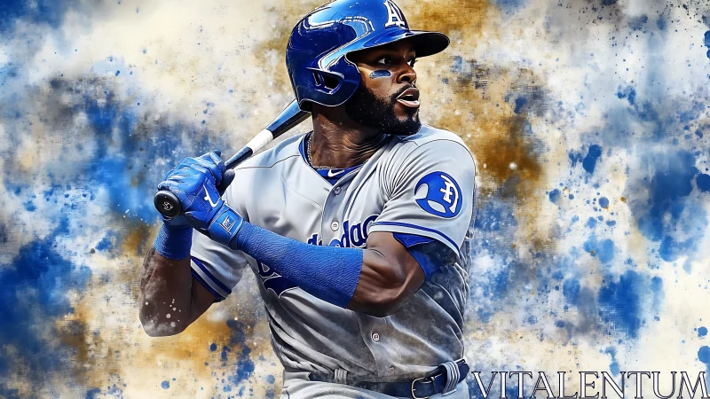 Power hitter readies swing amid blue gold splatter backdrop.