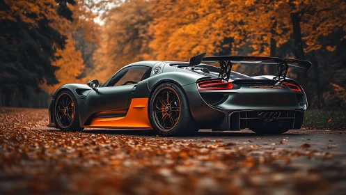 Hybrid supercar waits on forest road beneath vivid autumn canopy