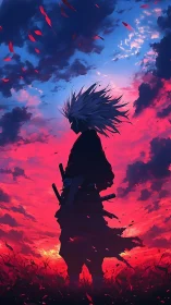 Anime samurai silhouette under bifurcated crimson sky at dusk.