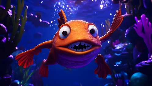 Goofy orange fish gliding through a glowing coral playground.