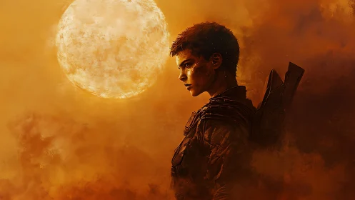 Lone wanderer gazes toward a burning sun in dusty silence