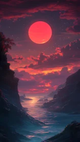 Radiant crimson supermoon over luminescent coastal ravine.