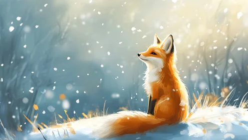 Winter-dreaming fox drifts in quiet snowfall and golden hush.