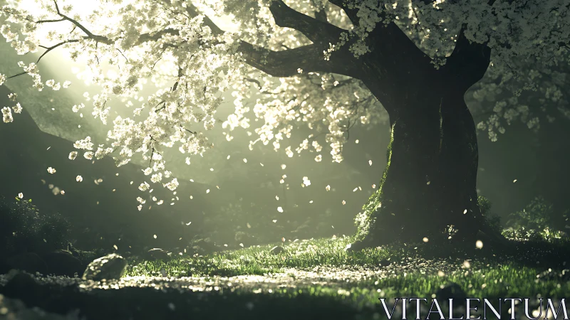 Volumetric sunrise through blooming cherry tree in forest glade