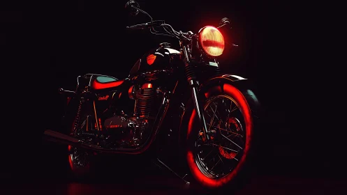 Midnight red motorcycle waits under a glowing headlight