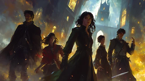 Five rogue heroes advance through a burning gothic cityscape