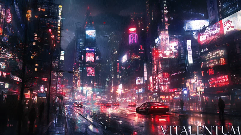 Neon rain drifting through a dreamy midnight city street.