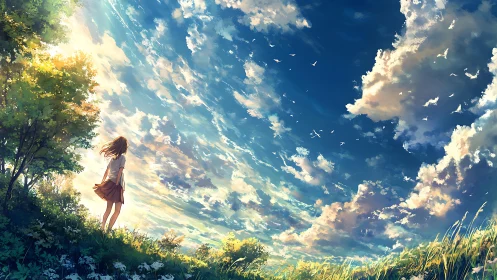 Skyward daydream girl beneath an ocean of drifting clouds.