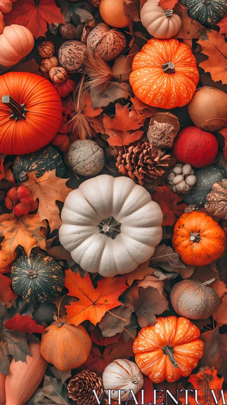 Pumpkin flatlay over autumn leaves with harvest accents.
