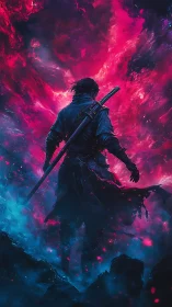 Solitary figure with sword stands before bifurcated nebula field