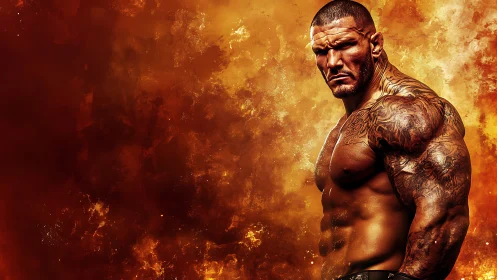 Tattooed bodybuilder emerges against fiery abstract inferno backdrop