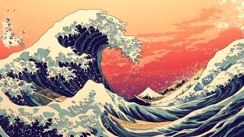 Stylized ocean waves with distant mountain under sunset sky.