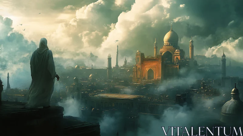 Misty golden citadel watched from a lonely rooftop ledge.