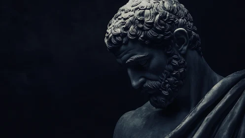 Stoic marble bust in dramatic low key chiaroscuro lighting.