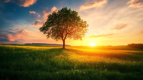 Solitary tree over glowing meadow at radiant sunset.