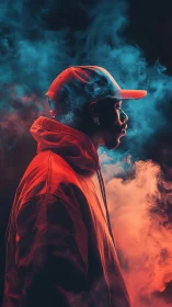 Side profile of hooded figure in colored smoke field.