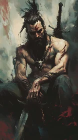 Wounded warrior resting with sword in moody battle scene.