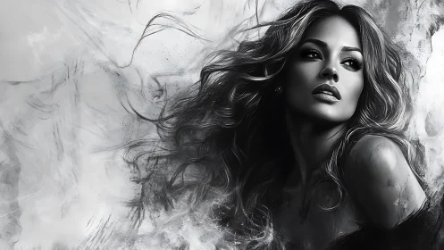 Monochrome portrait merges smoke and flowing hair.